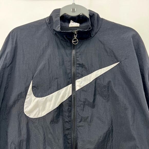 Nike Swoosh Women's Black Windbreaker Oversized Baggy Zipper Jacket XL 1X 2XL - Picture 1 of 9